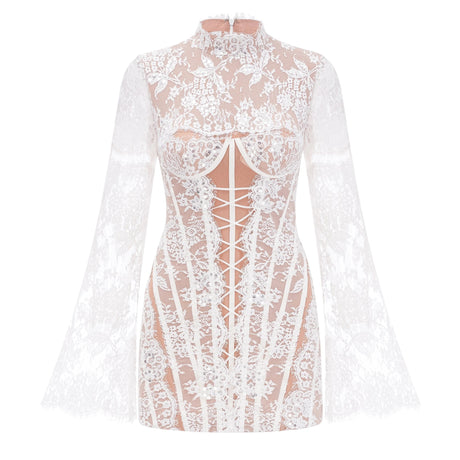 Bulelwa White SemiSheer Floral Lace Mini Dress