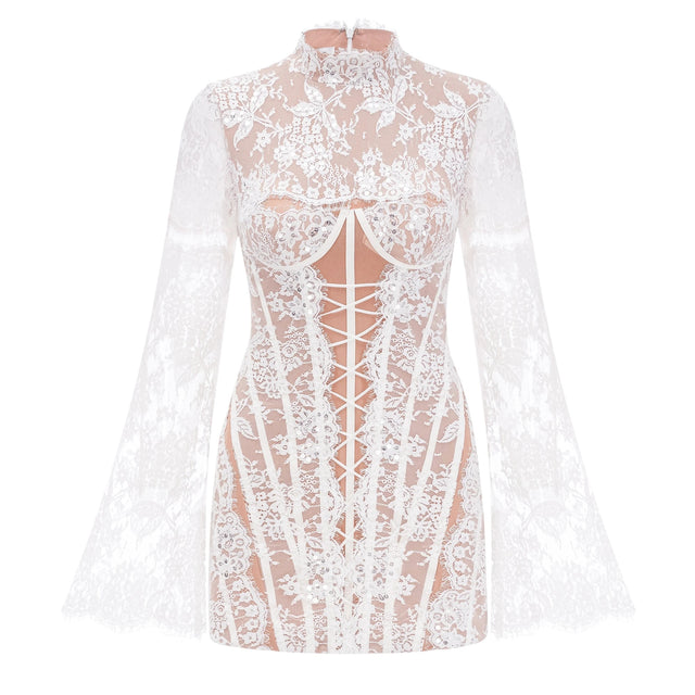Bulelwa White SemiSheer Floral Lace Mini Dress