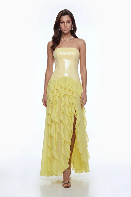 Caelia Yellow Off Shoulder Maxi Dress with Slit