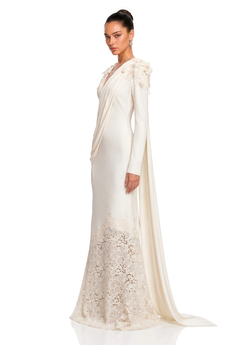 Calanthe Champagne Floral Lace Maxi Dress with Ribbon Detail