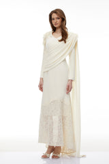 Calanthe Champagne Floral Lace Maxi Dress with Ribbon Detail