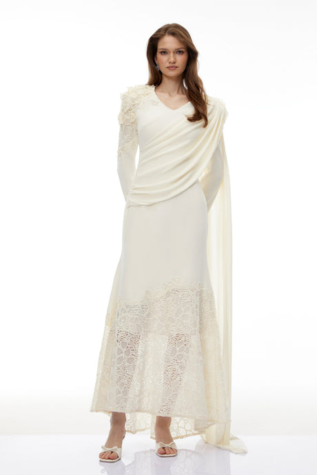 Calanthe Champagne Floral Lace Maxi Dress with Ribbon Detail