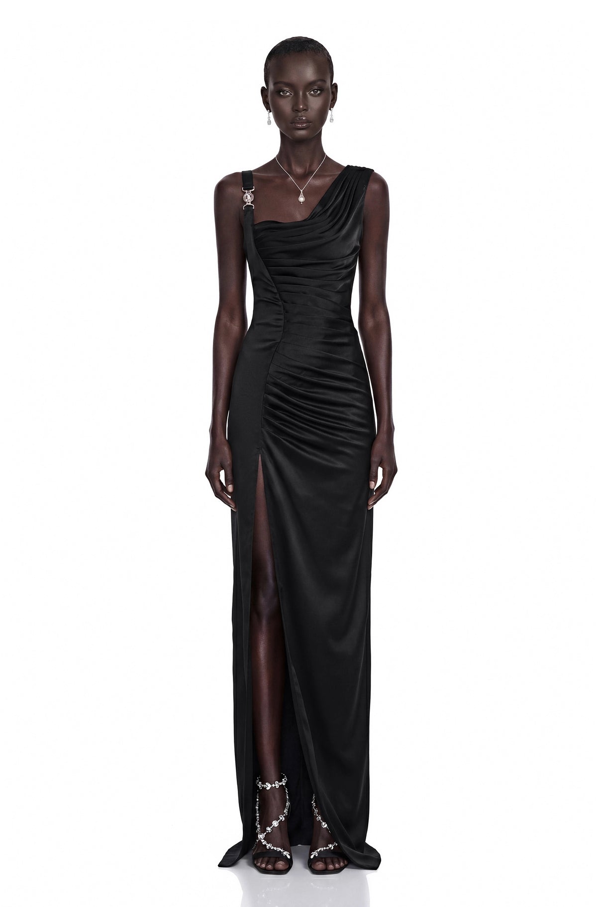 Calliope Black Asymmetrical Ruched Maxi Dress