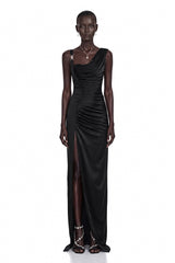 Calliope Black Asymmetrical Ruched Maxi Dress