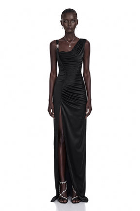 Calliope Black Asymmetrical Ruched Maxi Dress