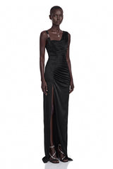 Calliope Black Asymmetrical Ruched Maxi Dress