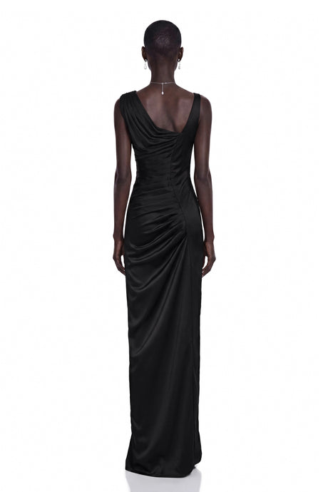 Calliope Black Asymmetrical Ruched Maxi Dress
