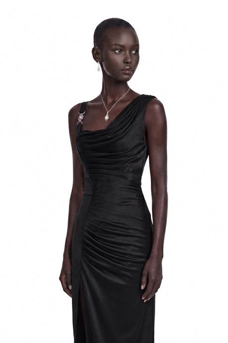 Calliope Black Asymmetrical Ruched Maxi Dress