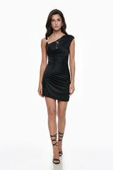 Calliope Black Asymmetrical Ruched Mini Dress