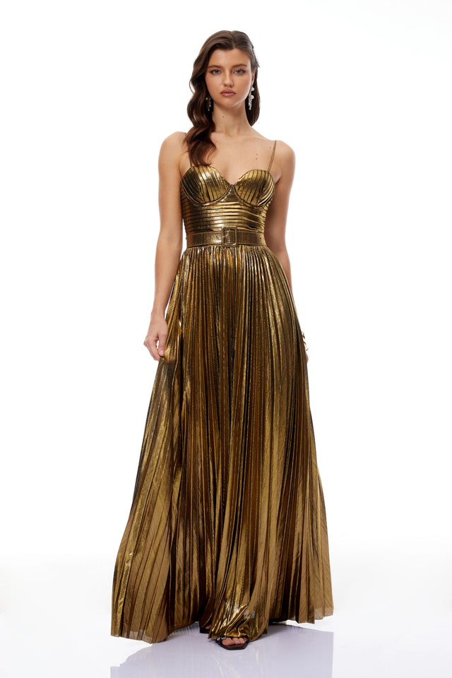 Calliope Gold Glossy Pleated Maxi Dress