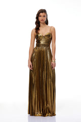 Calliope Gold Glossy Pleated Maxi Dress