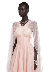 Calliope Pink Ruched Lace Maxi Dress with Cape