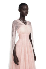 Calliope Pink Ruched Lace Maxi Dress with Cape