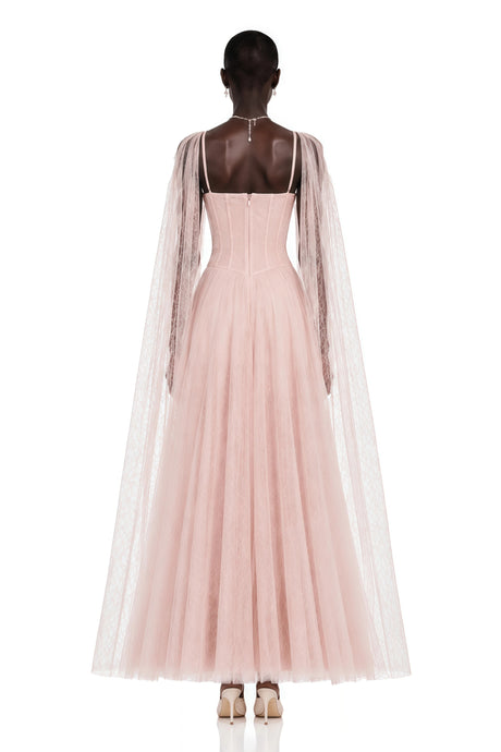 Calliope Pink Ruched Lace Maxi Dress with Cape