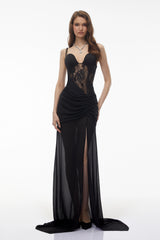 Callirhoe Black Sheer Lace Corset Maxi Dress
