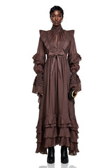 Callirhoe Chocolate Brown Ruffled Ruched Maxi Dress
