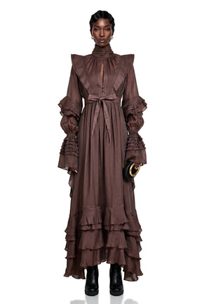 Callirhoe Chocolate Brown Ruffled Ruched Maxi Dress