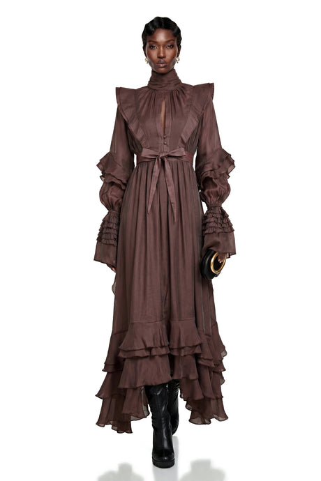 Callirhoe Chocolate Brown Ruffled Ruched Maxi Dress