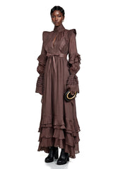 Callirhoe Chocolate Brown Ruffled Ruched Maxi Dress