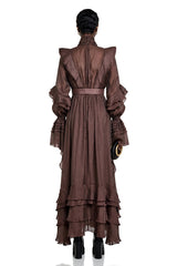 Callirhoe Chocolate Brown Ruffled Ruched Maxi Dress