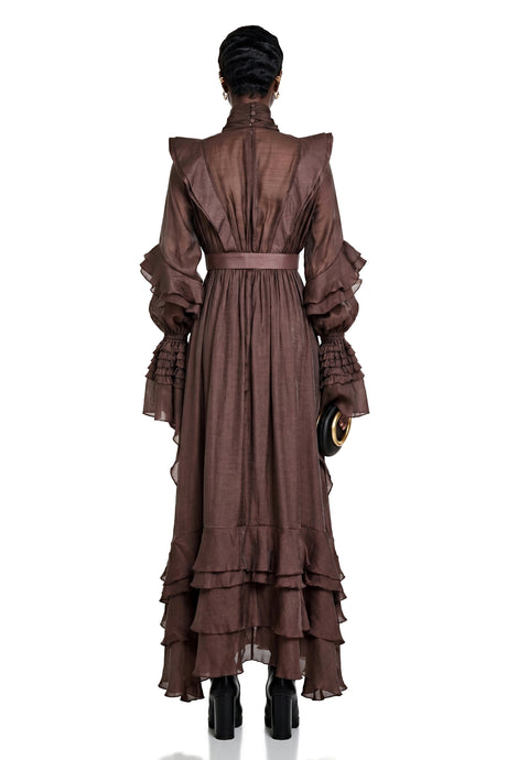 Callirhoe Chocolate Brown Ruffled Ruched Maxi Dress