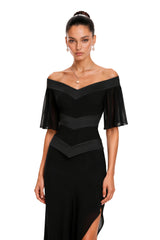 Camellia Black Off Shoulder Asymmetrical Maxi Dress
