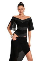 Camellia Black Off Shoulder Asymmetrical Maxi Dress