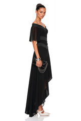 Camellia Black Off Shoulder Asymmetrical Maxi Dress