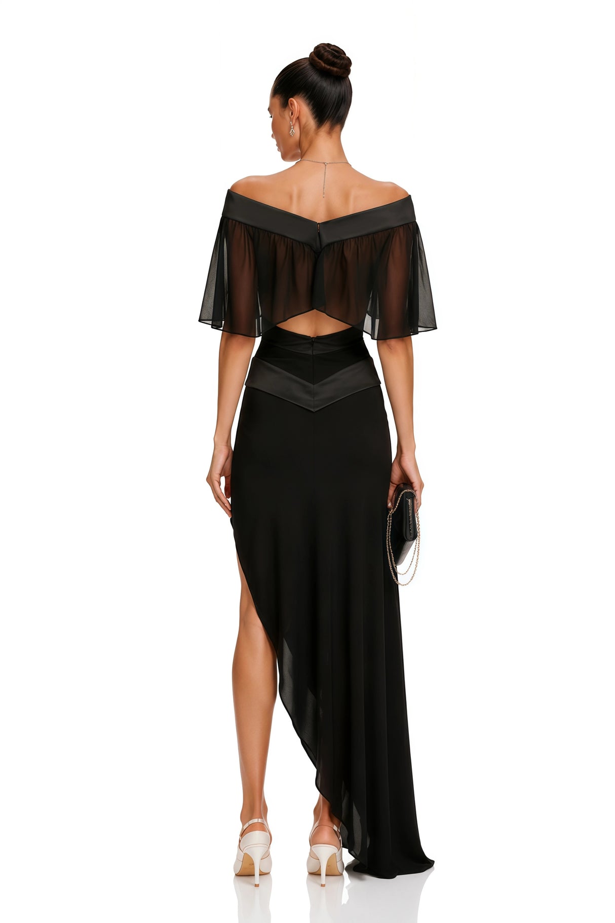 Camellia Black Off Shoulder Asymmetrical Maxi Dress