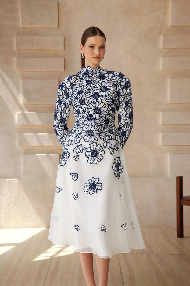 Caméo Blue Floral Embroidered Tulle Midi Dress