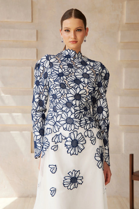 Caméo Blue Floral Embroidered Tulle Midi Dress