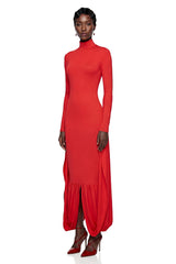 Camila Red Bodycon Midi Dress with Gathered balloon hem