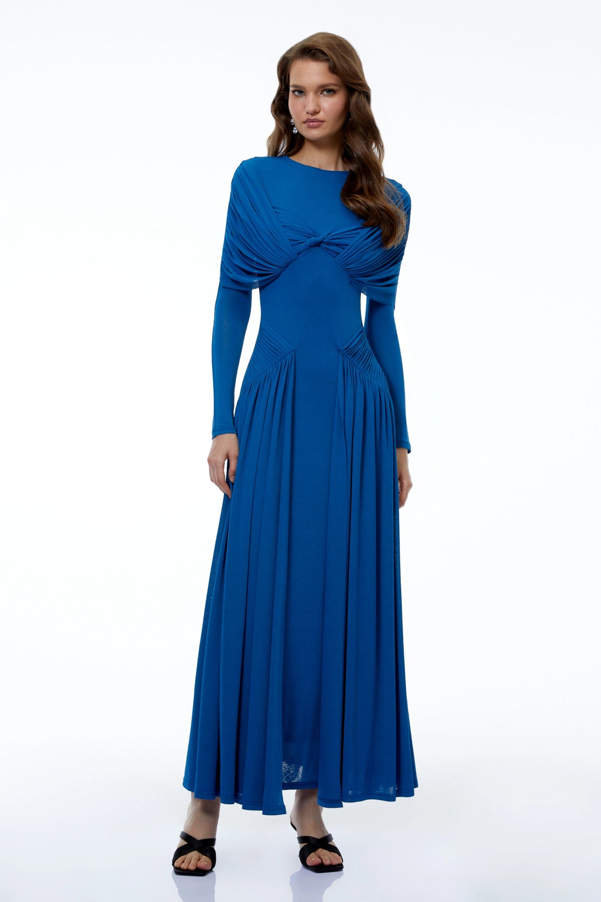 Camilla Royal Blue Long Sleeve Ruched Maxi Dress