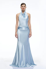 Camille Blue Satin Halterneck Maxi Dress