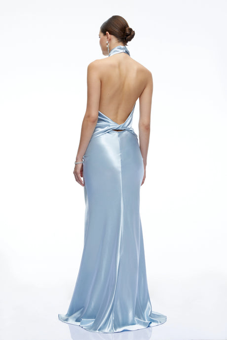 Camille Blue Satin Halterneck Maxi Dress