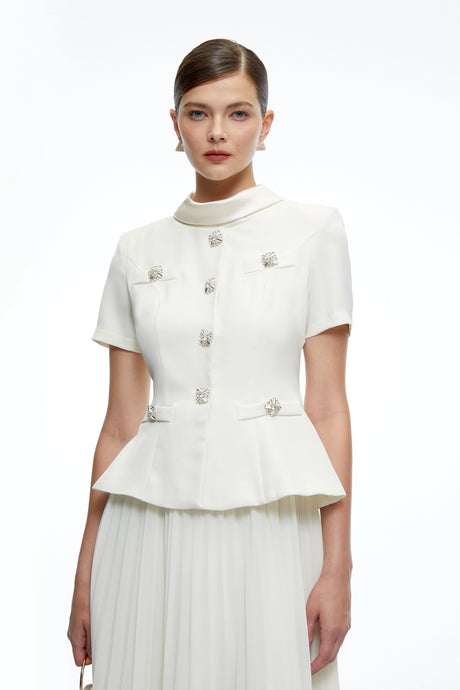 Camille Neutral Structured Pleated Midi Dress