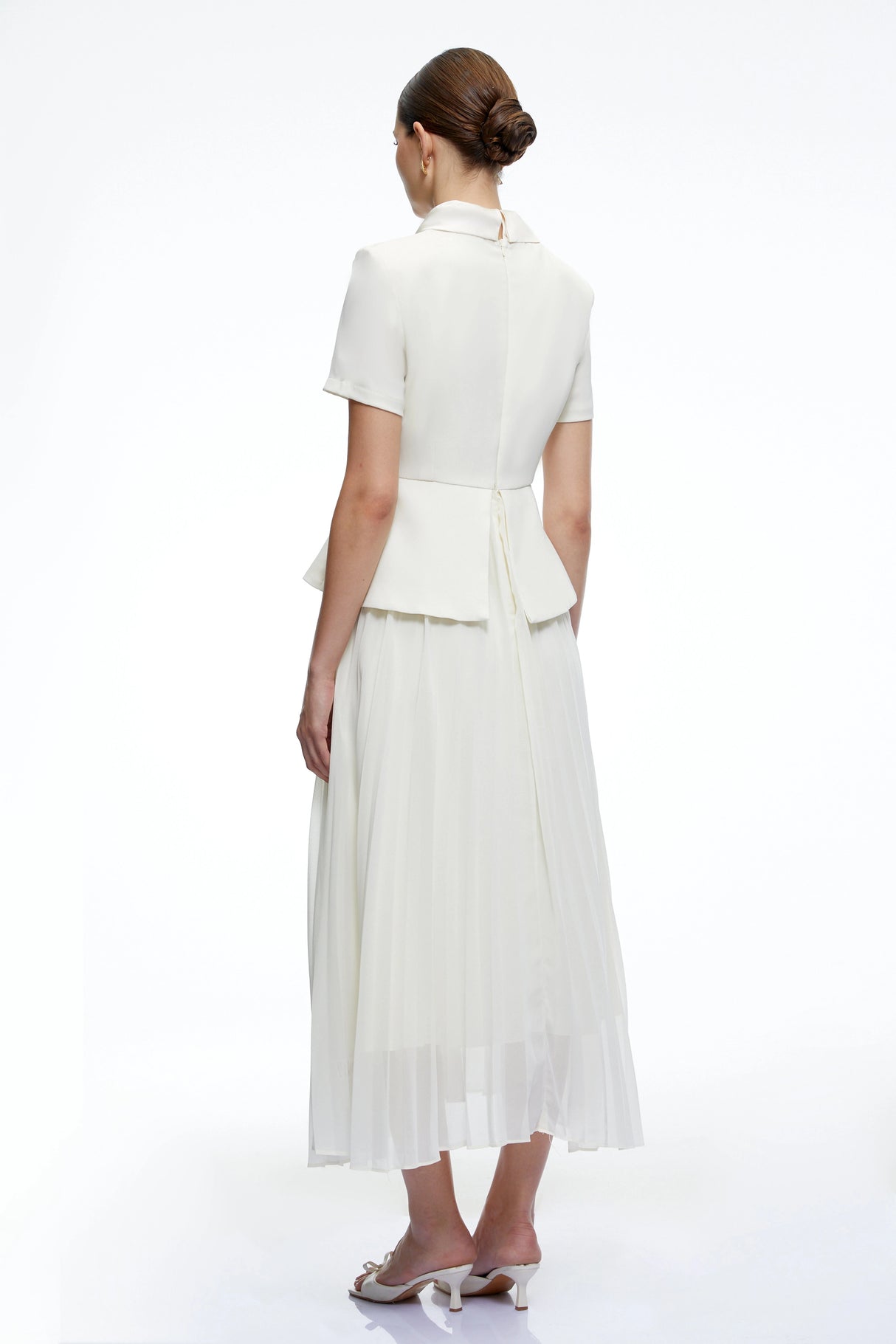 Camille Neutral Structured Pleated Midi Dress
