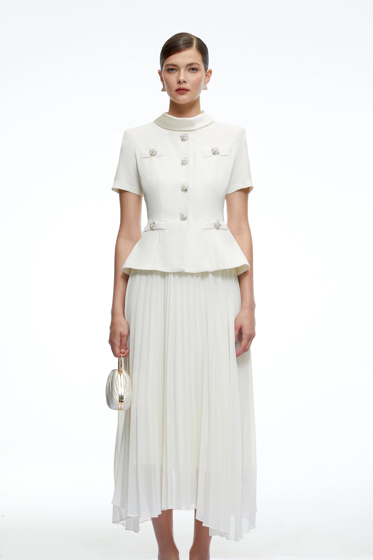 Camille Neutral Structured Pleated Midi Dress