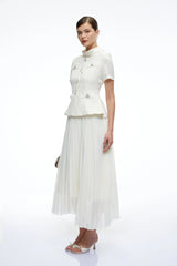 Camille Neutral Structured Pleated Midi Dress