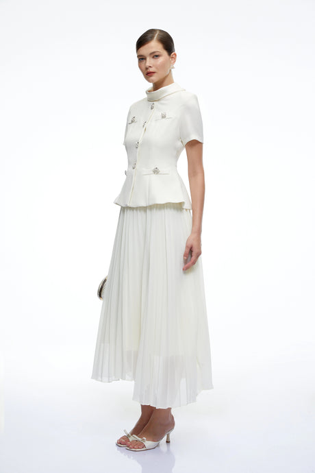 Camille Neutral Structured Pleated Midi Dress