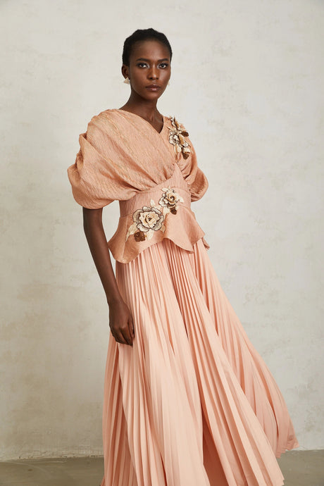 Camille Pink Floral Appliqué Pleated Maxi Dress