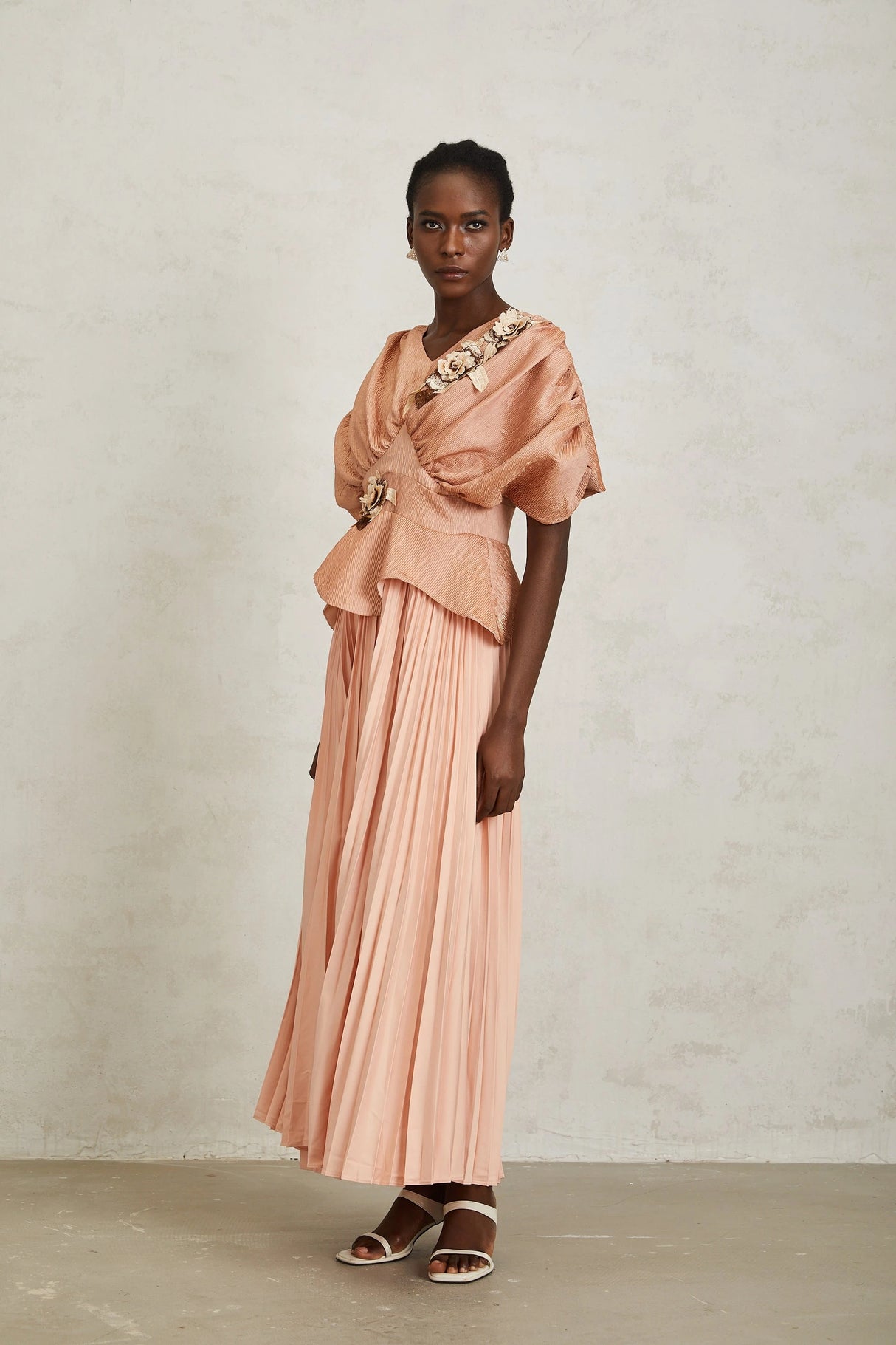 Camille Pink Floral Appliqué Pleated Maxi Dress