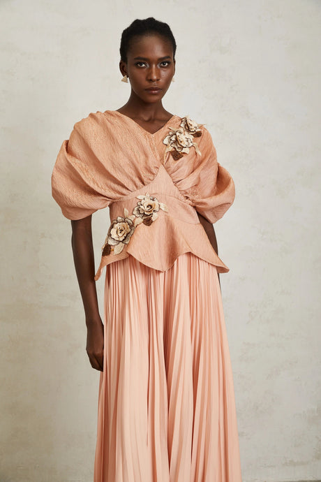 Camille Pink Floral Appliqué Pleated Maxi Dress
