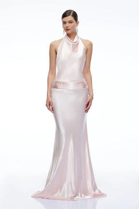 Camille Pink Satin Halterneck Maxi Dress