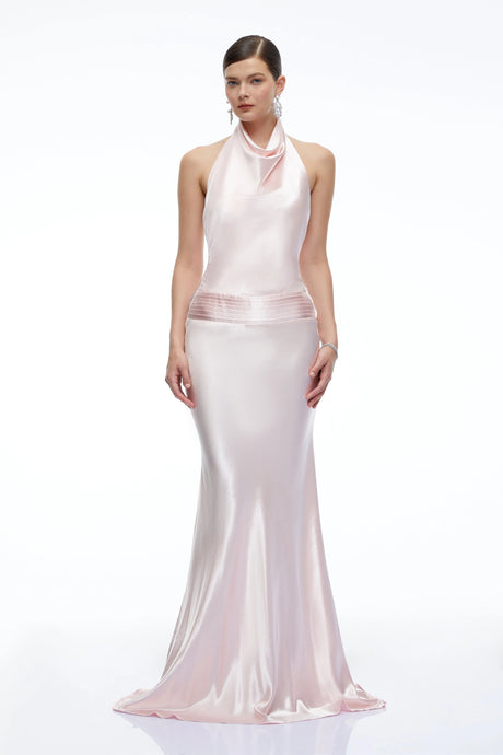 Camille Pink Satin Halterneck Maxi Dress