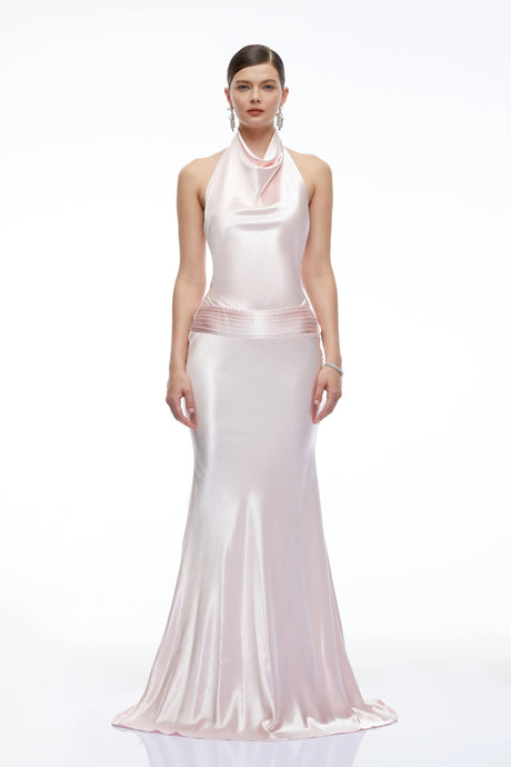 Camille Pink Satin Halterneck Maxi Dress
