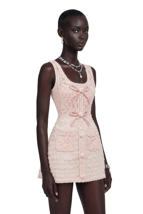 Camille Pink Tweed Jacket with 3D Floral  Lace Dress Set