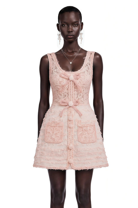 Camille Pink Tweed Jacket with 3D Floral  Lace Dress Set