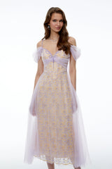 Camille Purple Off Shoulder Floral Embroidered Midi Dress
