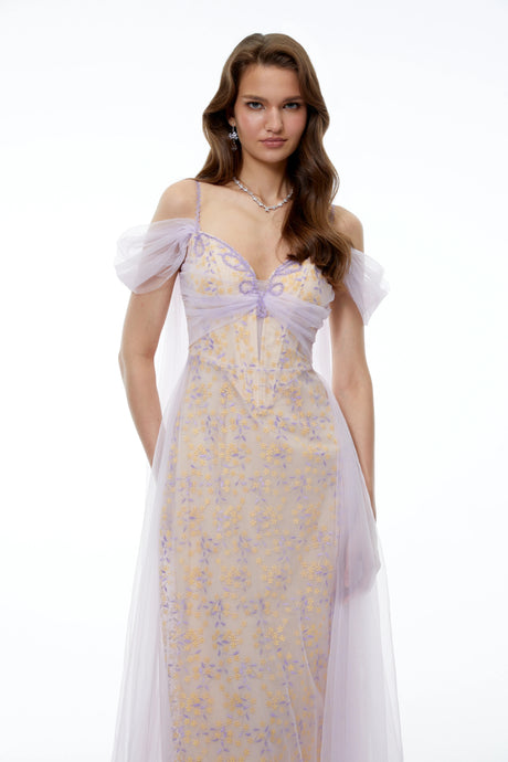 Camille Purple Off Shoulder Floral Embroidered Midi Dress